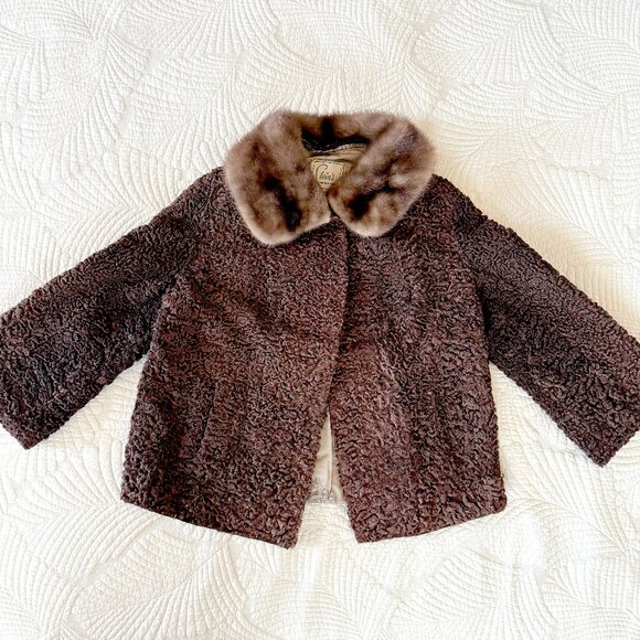 Vintage 60s Brown Persian Lamb Wool and Mink Fur Coat Size M-L - Picture 7 of 16